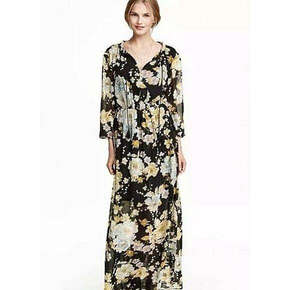 NEW H&M Black Multicolor Floral Ruffle Tassel V-neck Long Sleeve Maxi Dress Sz 2 - Picture 3 of 7
